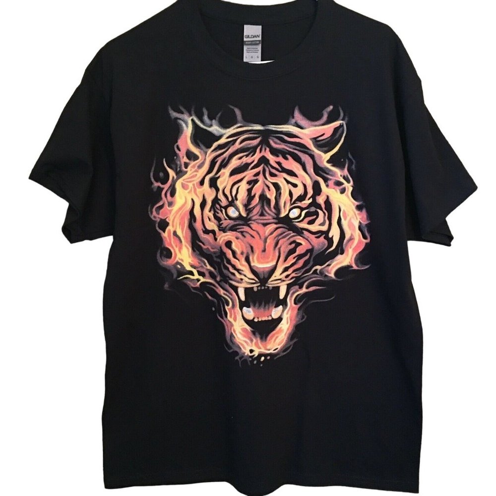 T Shirt Flaming Tiger Head Snarling Flame Face Unisex Standard Large NEW NWOT